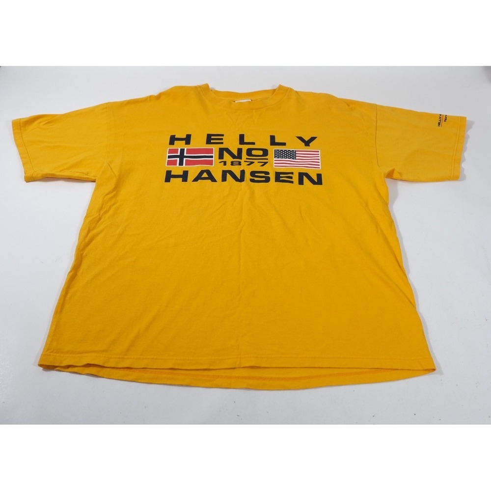 Helly Hansen T-Shirt Mens XL Yellow Graphic Tee Norway USA Flag 1877 Cotton